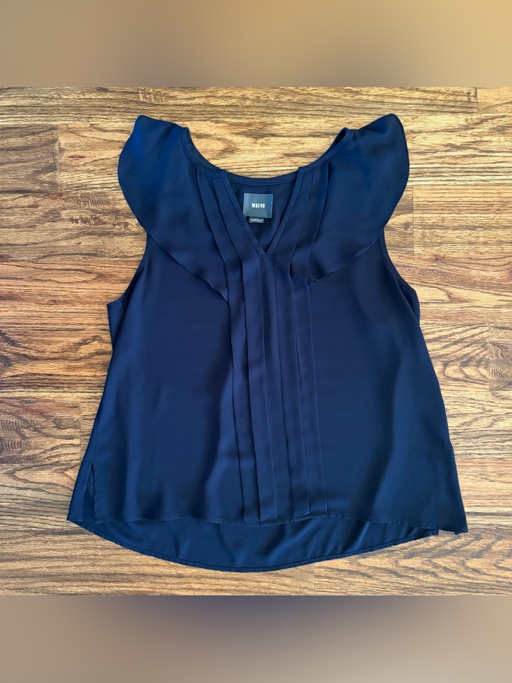 Maeve Anthropologie Navy Blue Sleeveless Chiffon Ruffle Blouse top size 10 - Picture 2 of 4